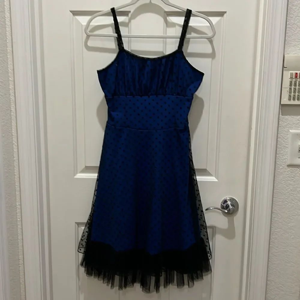 Justice Size 14 Blue with black polka dots girls Party Dress sheer lined Nettin